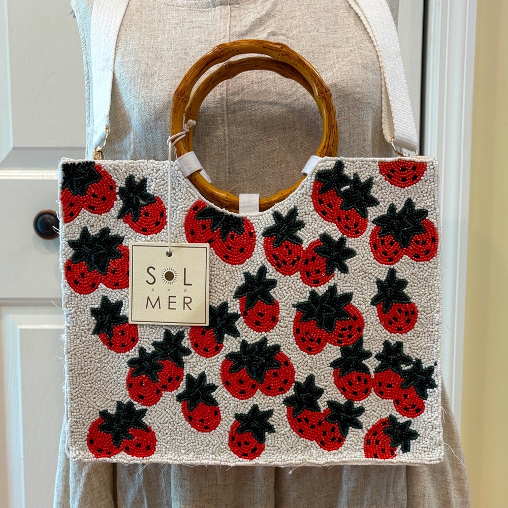 Sol and Mer beaded White and Red strawberry Embroidered Tote crossbody Bag - Picture 3 of 11